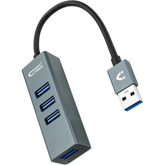 Nanocable 10.16.4402 Adaptador Hub 4 Puertos USB 3.0 Gris 10cm, Concentrador Ladrón Multipuerto Conversor