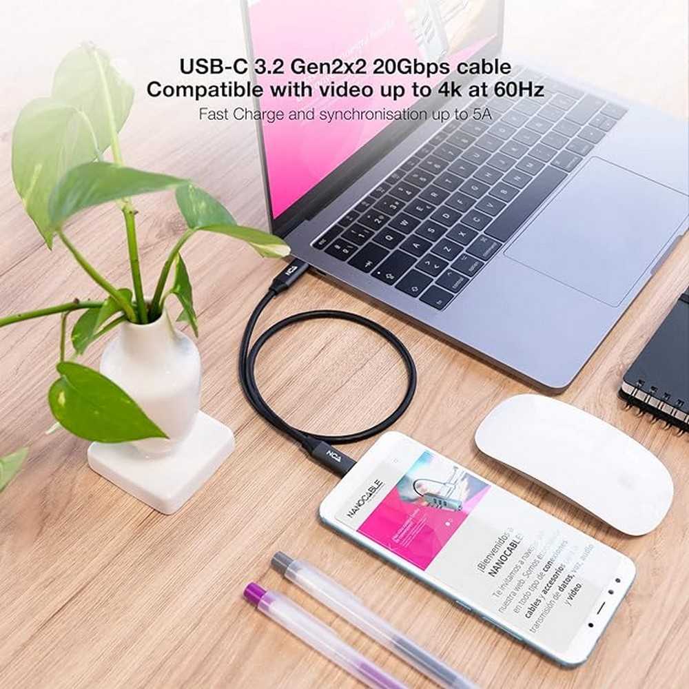 Nanocable Cable USB 3.2 Gen2x2 20Gbps 5A/100W 4K/60Hz USB-C/M-USB-C/M, Negro, 3m