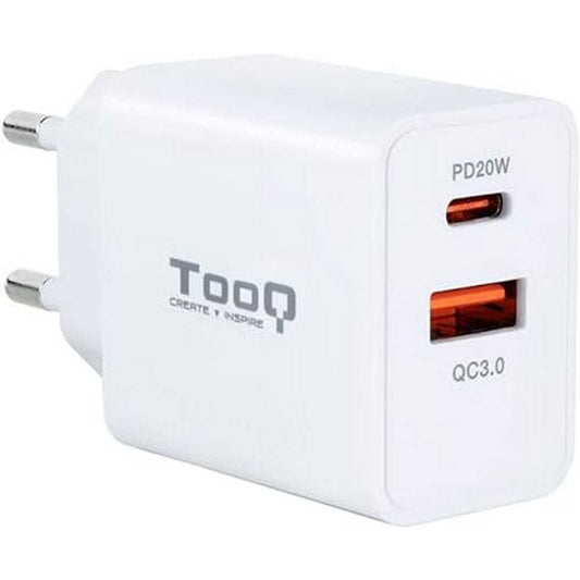 Tooq Cargador de Pared con 2 Puertos, 1 Puerto USB-C, 1 Puerto USB-A Carga Rápida QC 18W