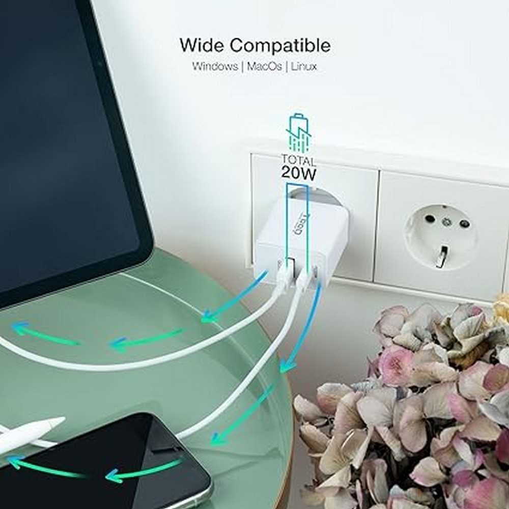 Tooq Cargador de Pared con 2 Puertos, 1 Puerto USB-C, 1 Puerto USB-A Carga Rápida QC 18W