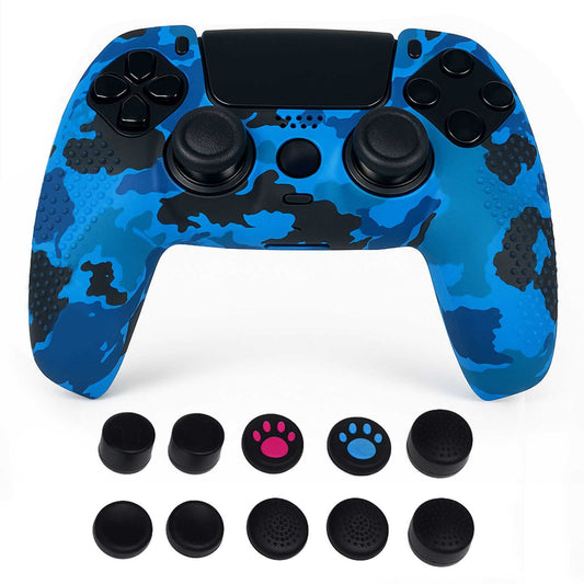 OcioDual Funda Mando Consola, Funda para Mando Compatible con PS5, Camuflaje Azul, Carcasa + Grips, Sticker Touchpad,