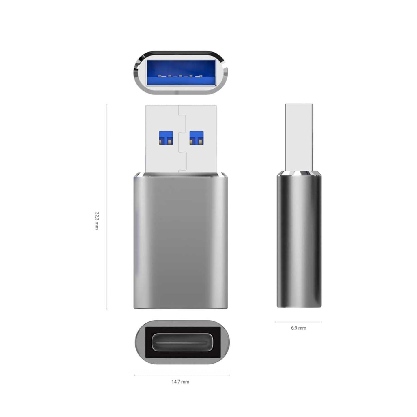 Aisens Mini adaptador USB 3.2 Gen 2 / USB 2.0 3A, Tipo USB-C/H-A/M, Gris
