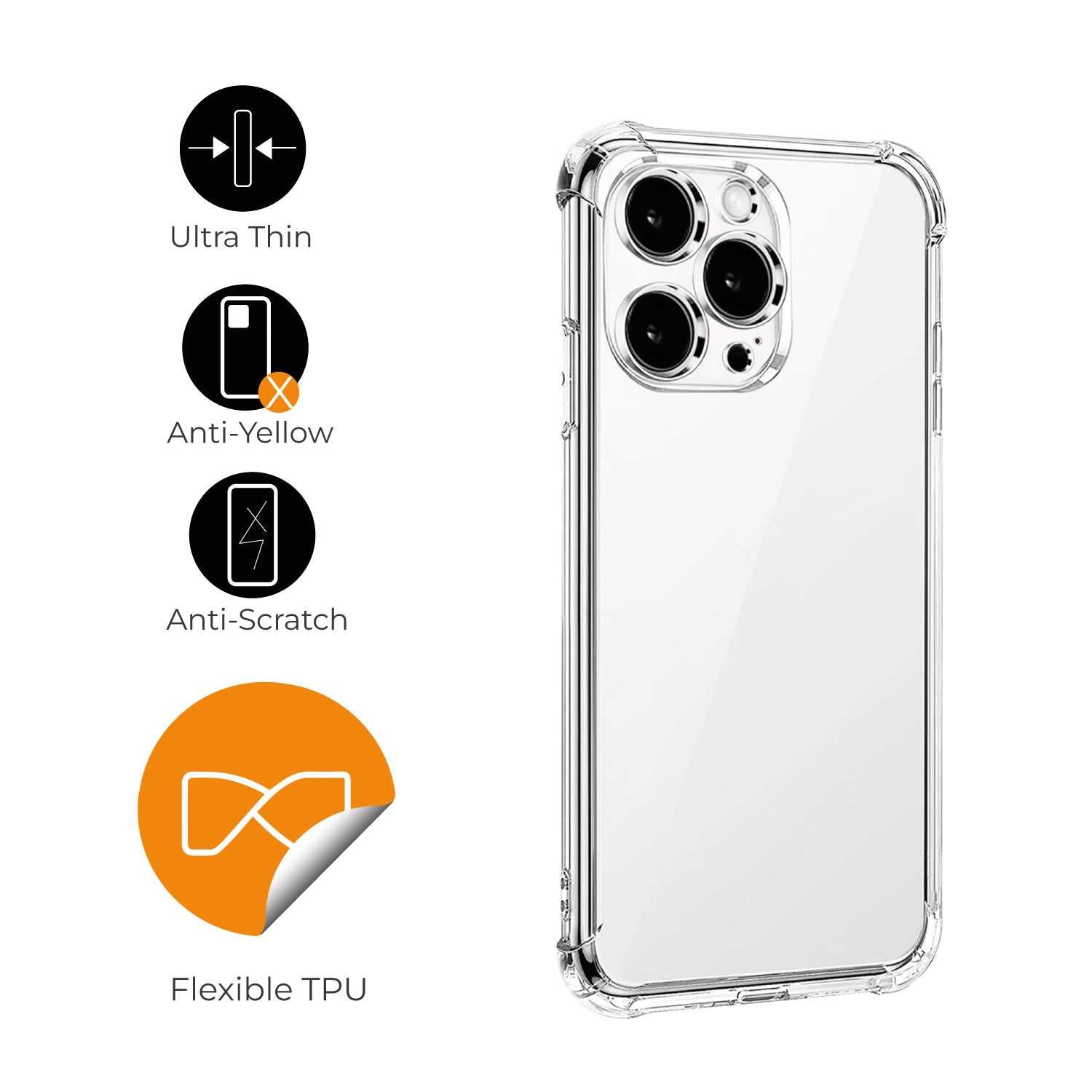 Funda de TPU para iPhone 15 Pro, Carcasa Flexible con Esquinas Reforzadas Antigolpes, Protección en Cámaras, Silicona Transparente