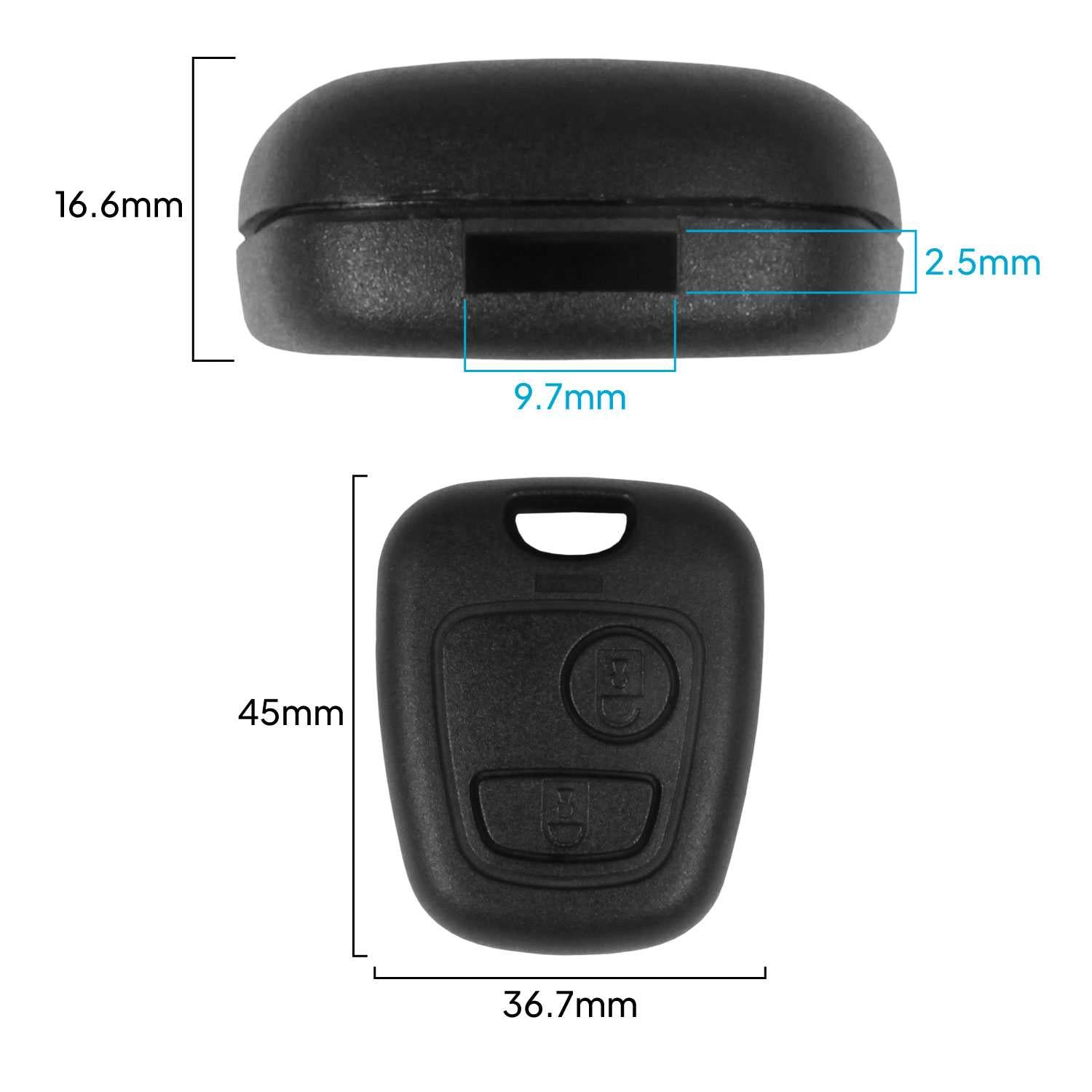 Funda Rigida de Repuesto Mando sin Espadin Compatible con Peugeot 106 206 107 207 407 806 Negro Carcasa 2 Botones Llave