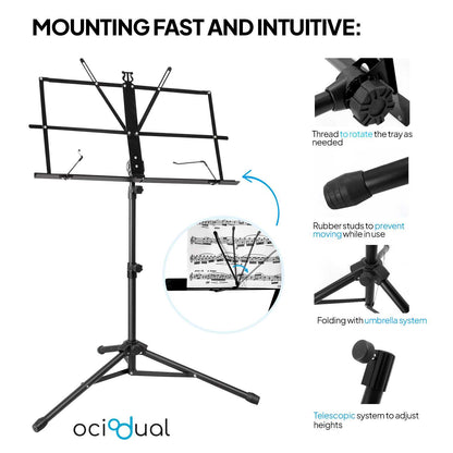 Atril Metálico Plegable para Partituras de Música Viajes Desplazamientos Negro Soporte Ajustable Regulable Altura