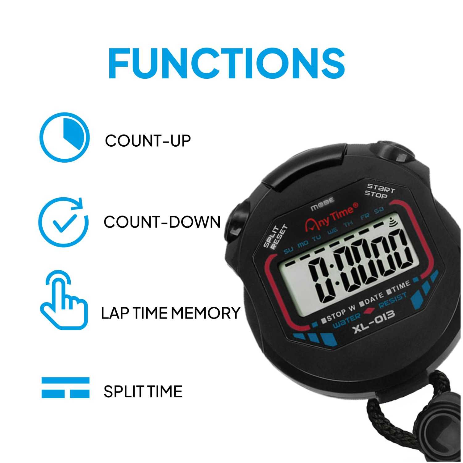 Cronometro Digital Deportivo Reloj Alarma XL-013 Negro Pantalla LCD Luz con Correa para Atletismo Natacion