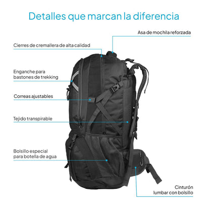 Mochila 60 Litros Impermeable Negro de Senderismo Montaña Montañero Viaje Acampada Acampar Aire Libre Trekking 60L