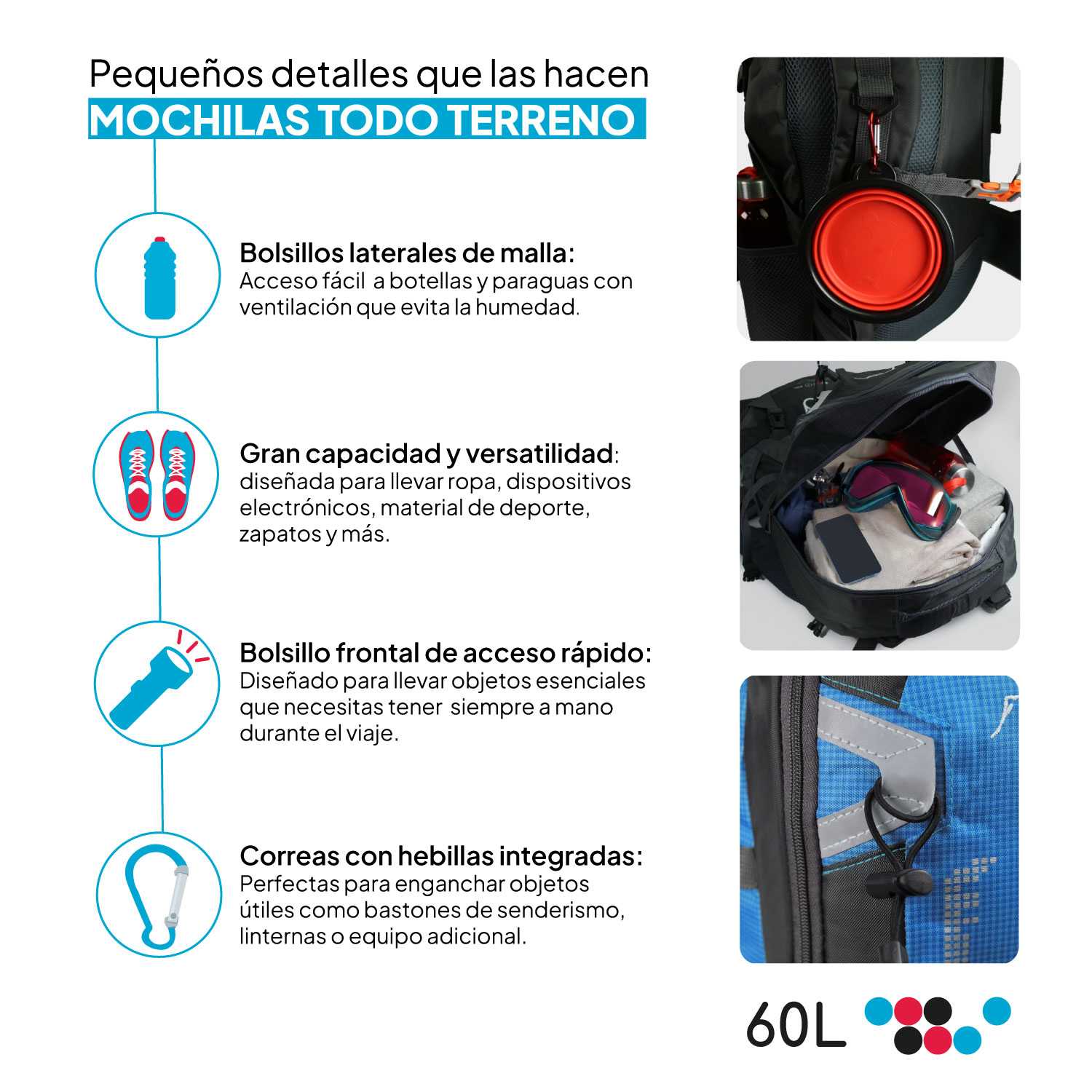 Mochila 60 Litros Impermeable Negro de Senderismo Montaña Montañero Viaje Acampada Acampar Aire Libre Trekking 60L