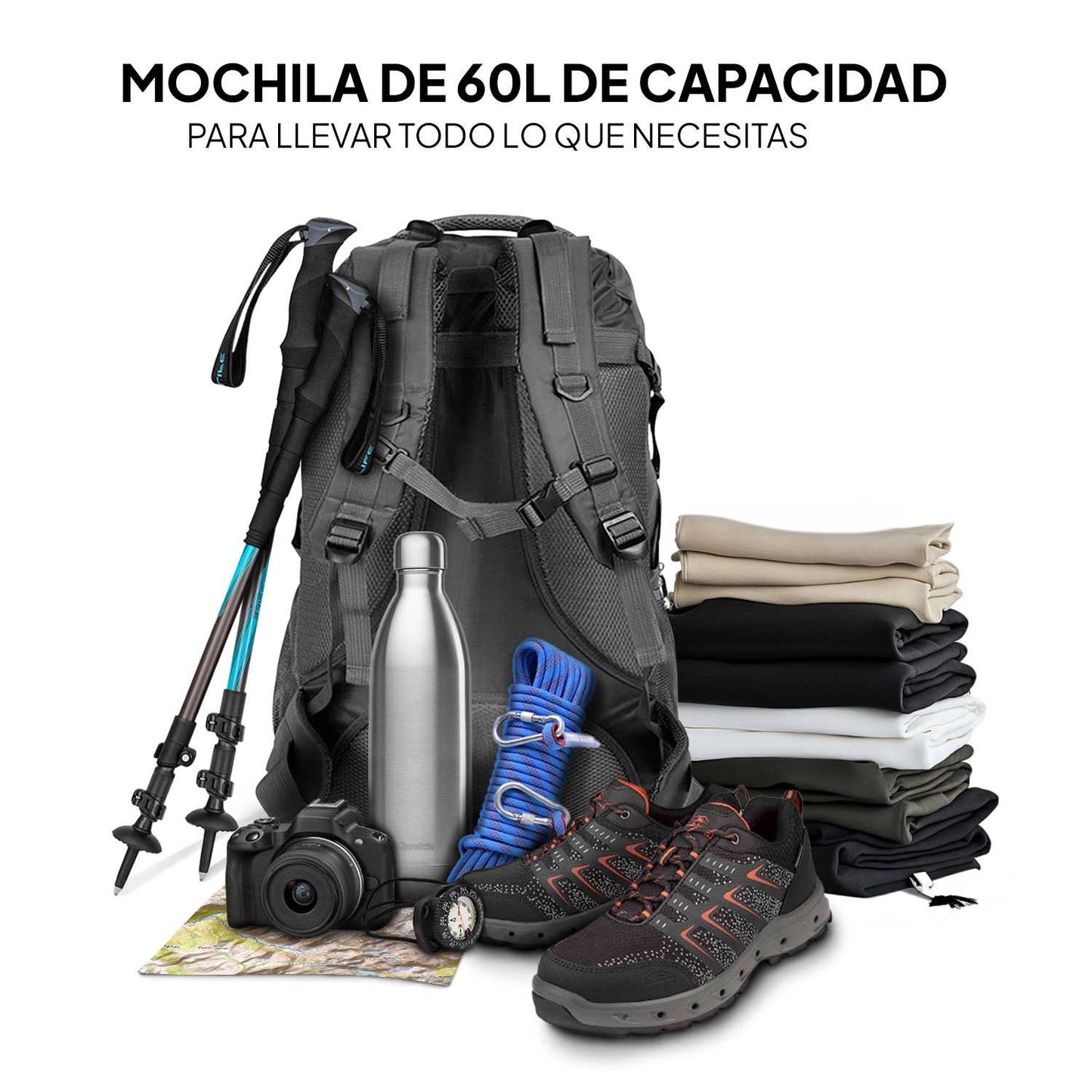 Mochila 60 Litros Impermeable Negro de Senderismo Montaña Montañero Viaje Acampada Acampar Aire Libre Trekking 60L