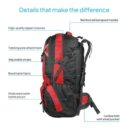 OcioDual Mochila Senderismo 60 Litros, Mochila Trekking, Montaña y Camino de Santiago, Multifuncional, Ligera, Mochilas Hombre C/Rojo