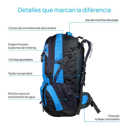 Mochila 60 Litros Impermeable Azul de Senderismo Montaña Montañero Viaje Acampada Acampar Aire Libre Trekking 60L