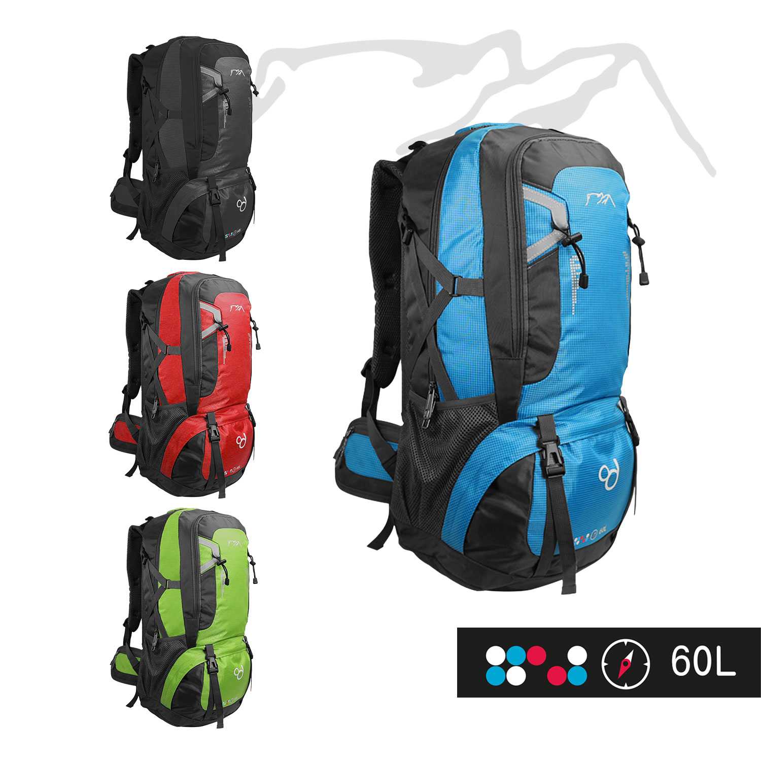 Mochila 60 Litros Impermeable Azul de Senderismo Montaña Montañero Viaje Acampada Acampar Aire Libre Trekking 60L