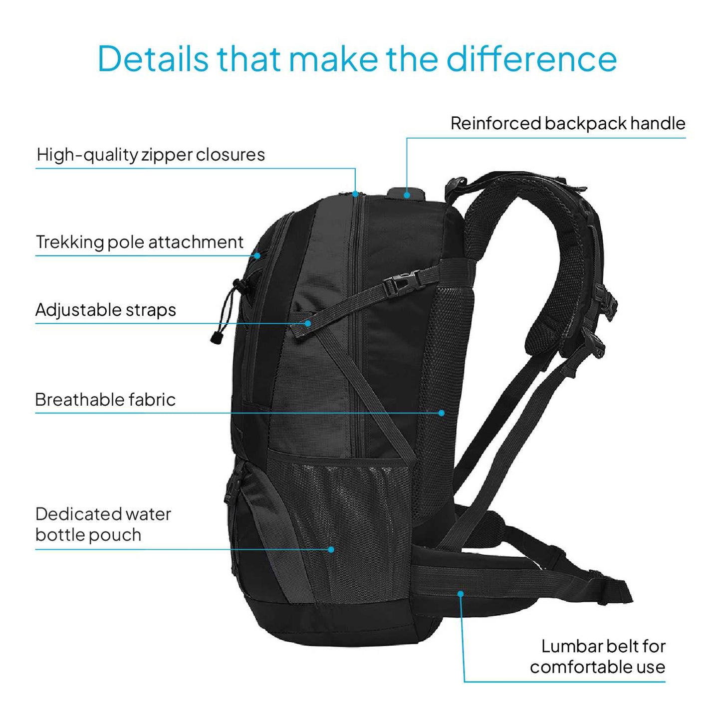 Mochila 40 Litros Impermeable Negra de Senderismo Montaña Montañero Viaje Acampada Acampar Aire Libre Trekking 40L