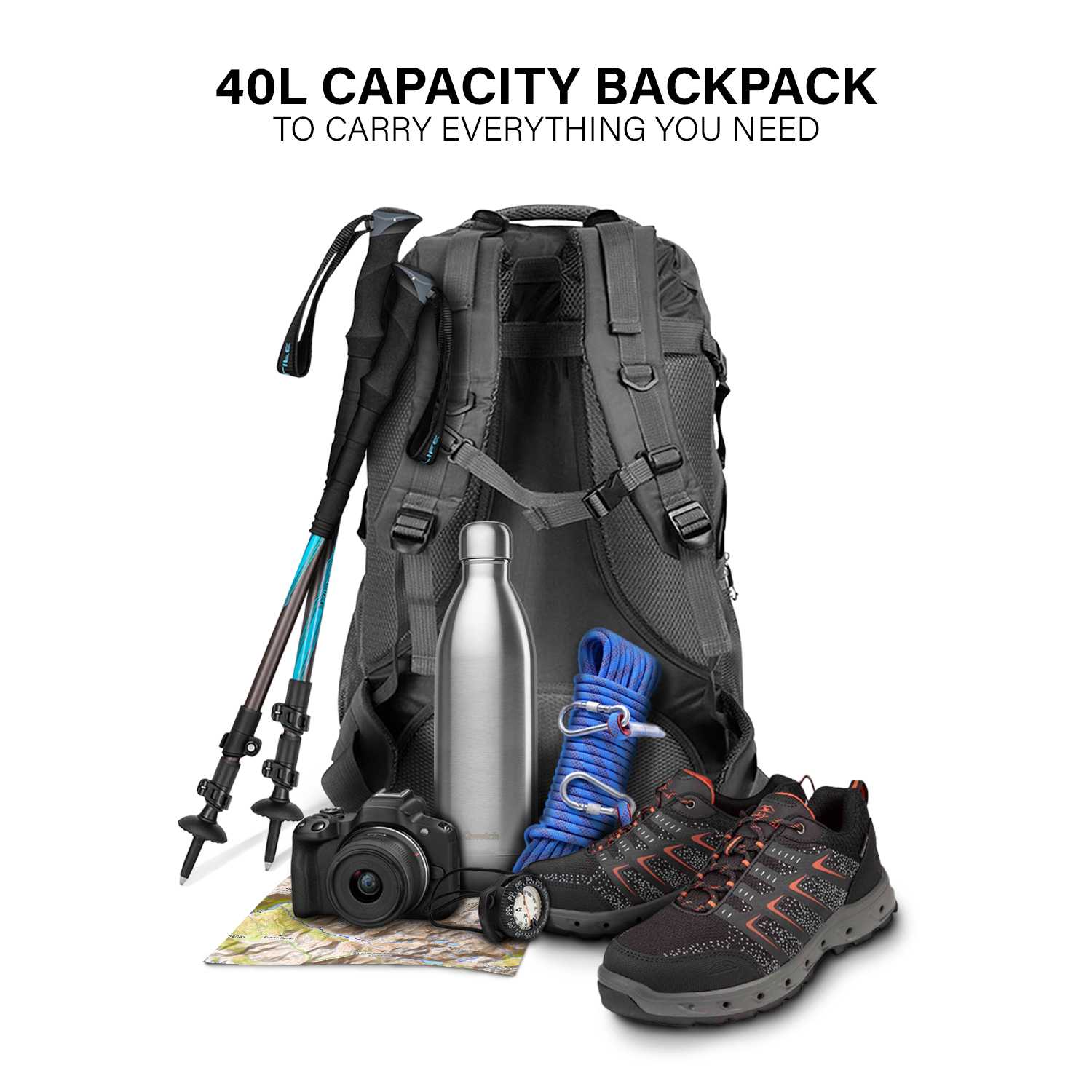 Mochila 40 Litros Impermeable Negra de Senderismo Montaña Montañero Viaje Acampada Acampar Aire Libre Trekking 40L