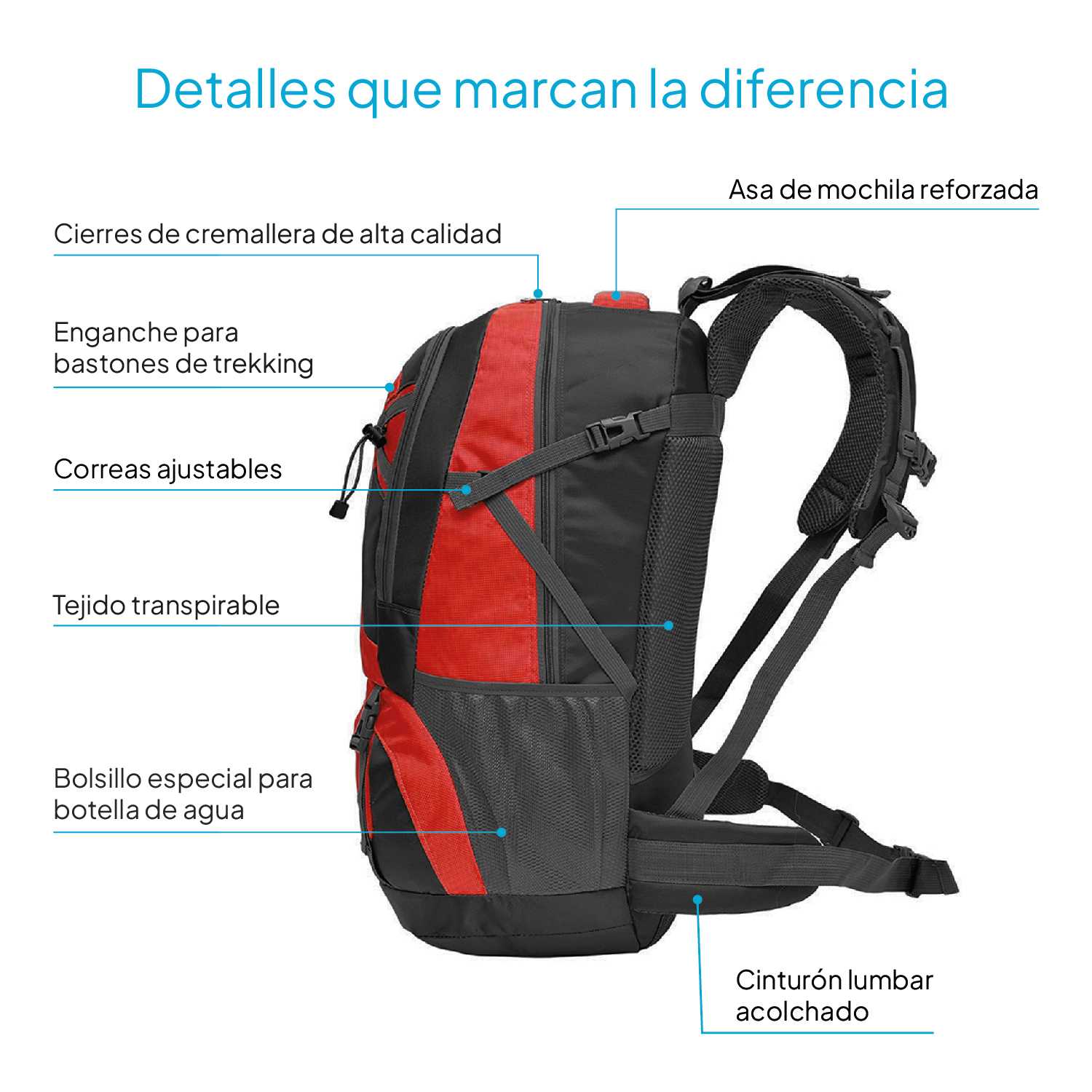 Mochila 40 Litros Impermeable Roja de Senderismo Montaña Montañero Viaje Acampada Acampar Aire Libre Trekking 40L