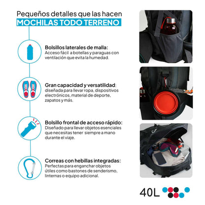Mochila 40 Litros Impermeable Roja de Senderismo Montaña Montañero Viaje Acampada Acampar Aire Libre Trekking 40L