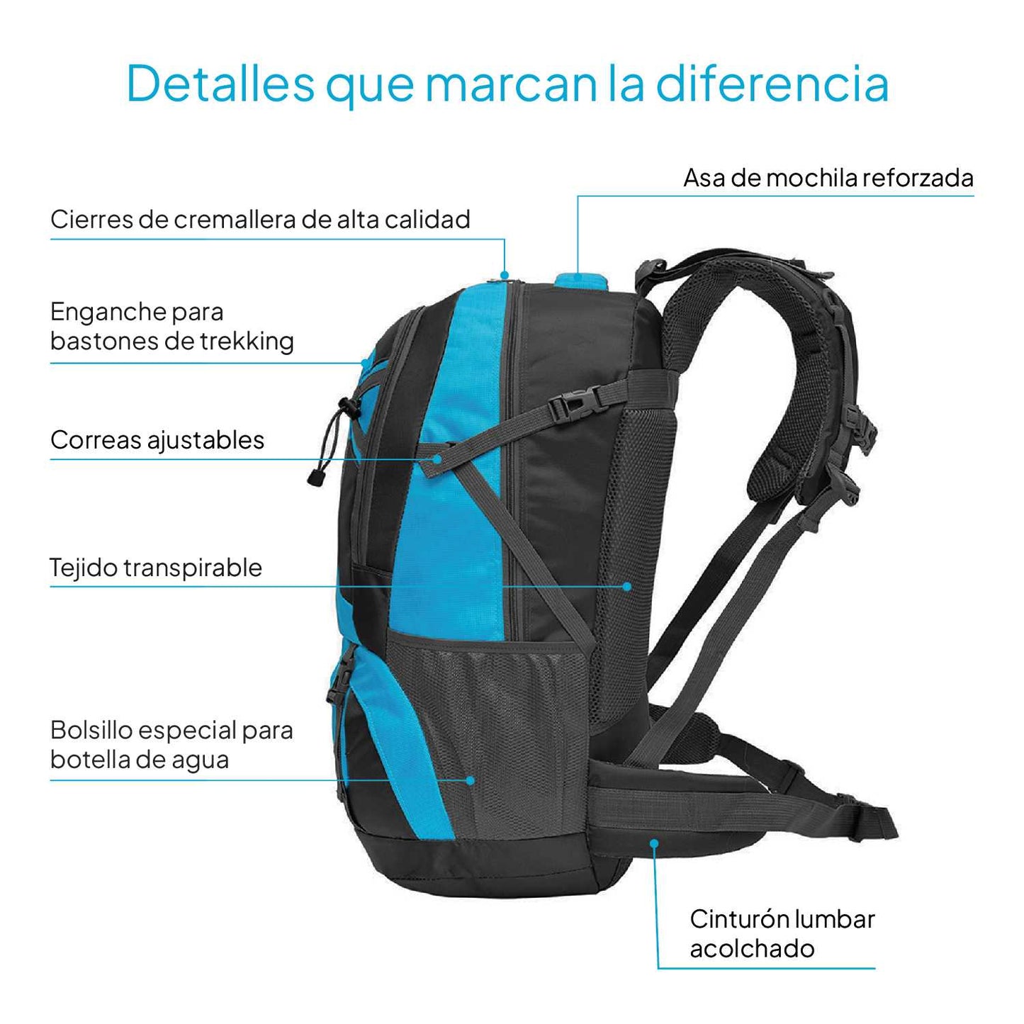 Mochila 40 Litros Impermeable Azul de Senderismo Montaña Montañero Viaje Acampada Acampar Aire Libre Trekking 40L