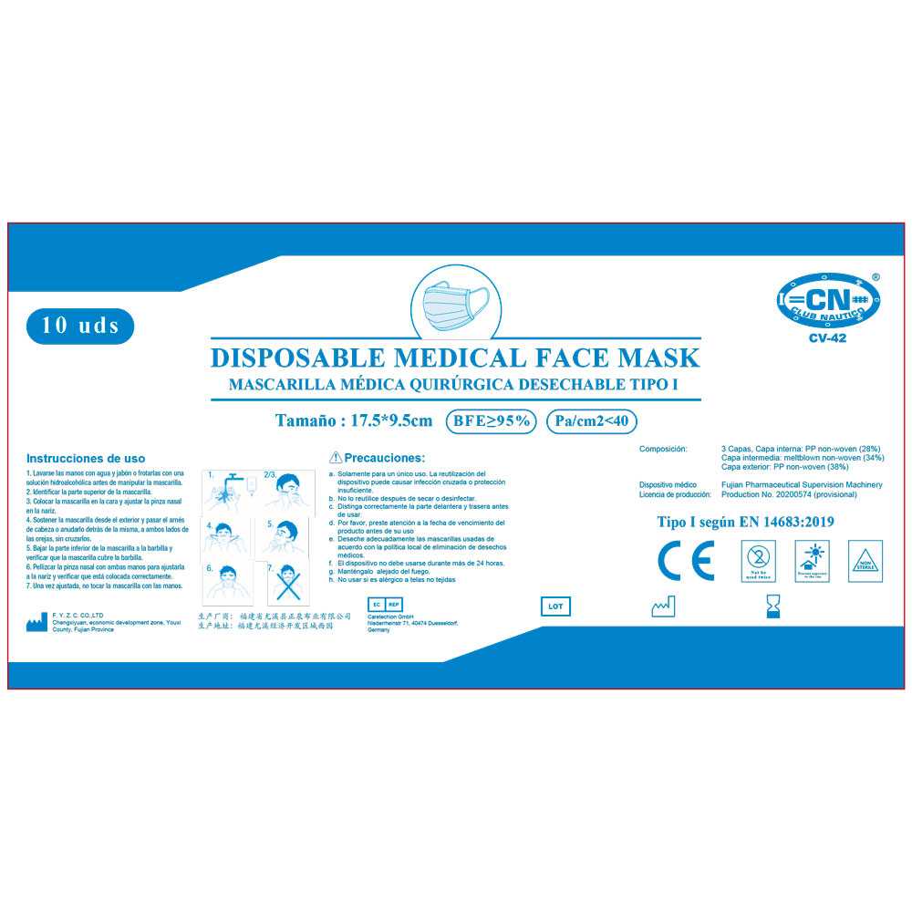 Mascarillas quirúrgicas IIR club nautico 10 unidades - 3 capas - eficacia de filtración bacteriana 98%