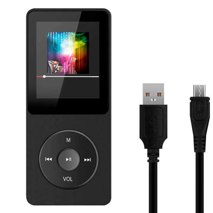 Reproductor MP3 MP4 Player Negro Lector de Musica Audio Video Pantalla Iluminada 1.8 Pulgadas Radio Fotos Altavoz Integrado Grabadora Alarma Bluetooth BT Ranura para Tarjeta de Memoria TF Micro SD