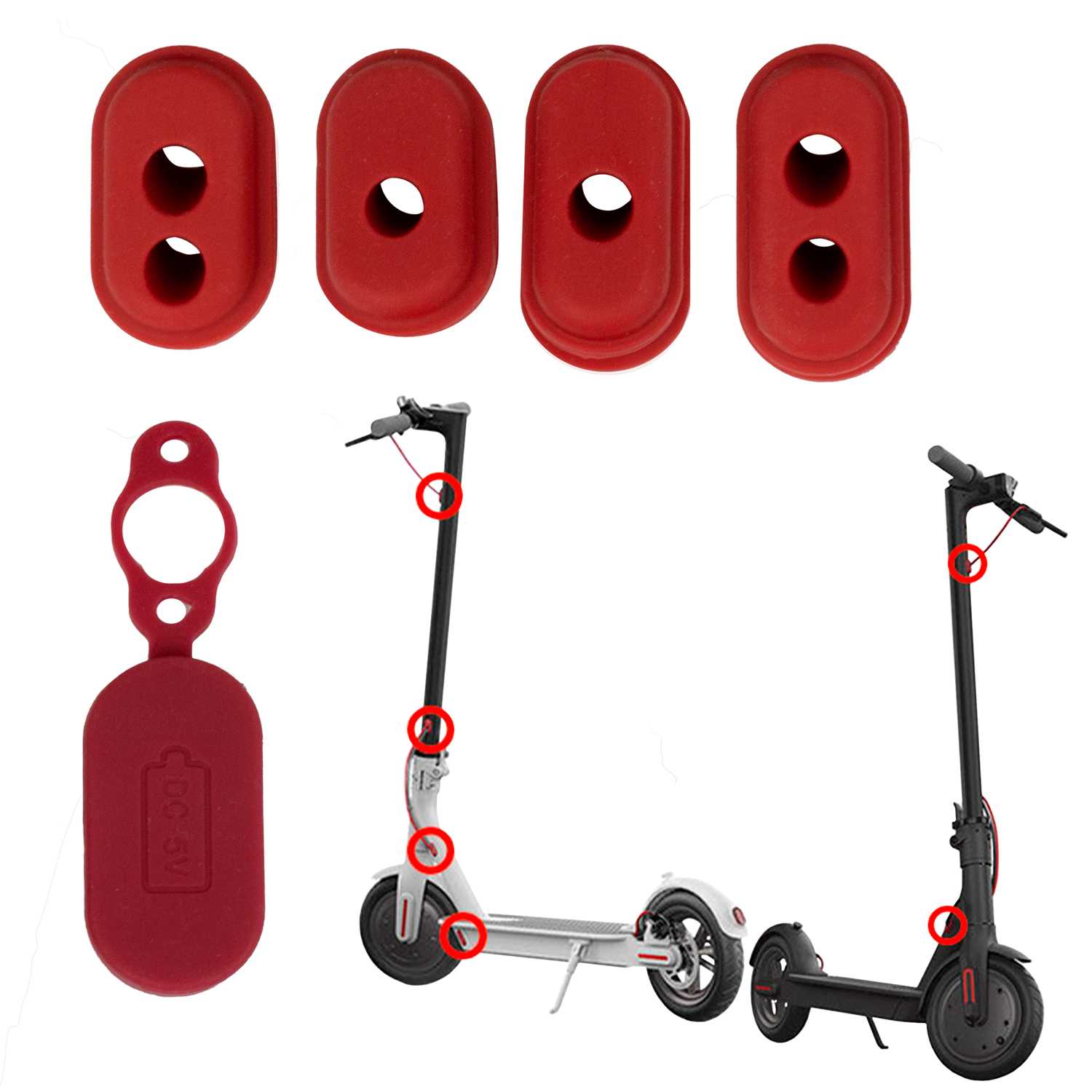 5 Tapones de Goma Blanda Rojos Compatible con Patin Electrico Xiaomi M365 Cubiertas Antipolvo Tapon de Silicona Patinete