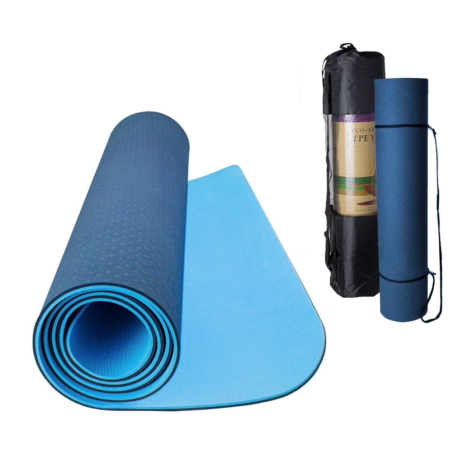 Esterilla Yoga antideslizante con Correa de hombro y Bolsa de Transporte, Pilates, Fitness, Yoga mat, TPE Ecológico + Algodón,  Colchoneta gimnasia, Azul Claro/Oscuro, 183cm X 61cm X 6mm