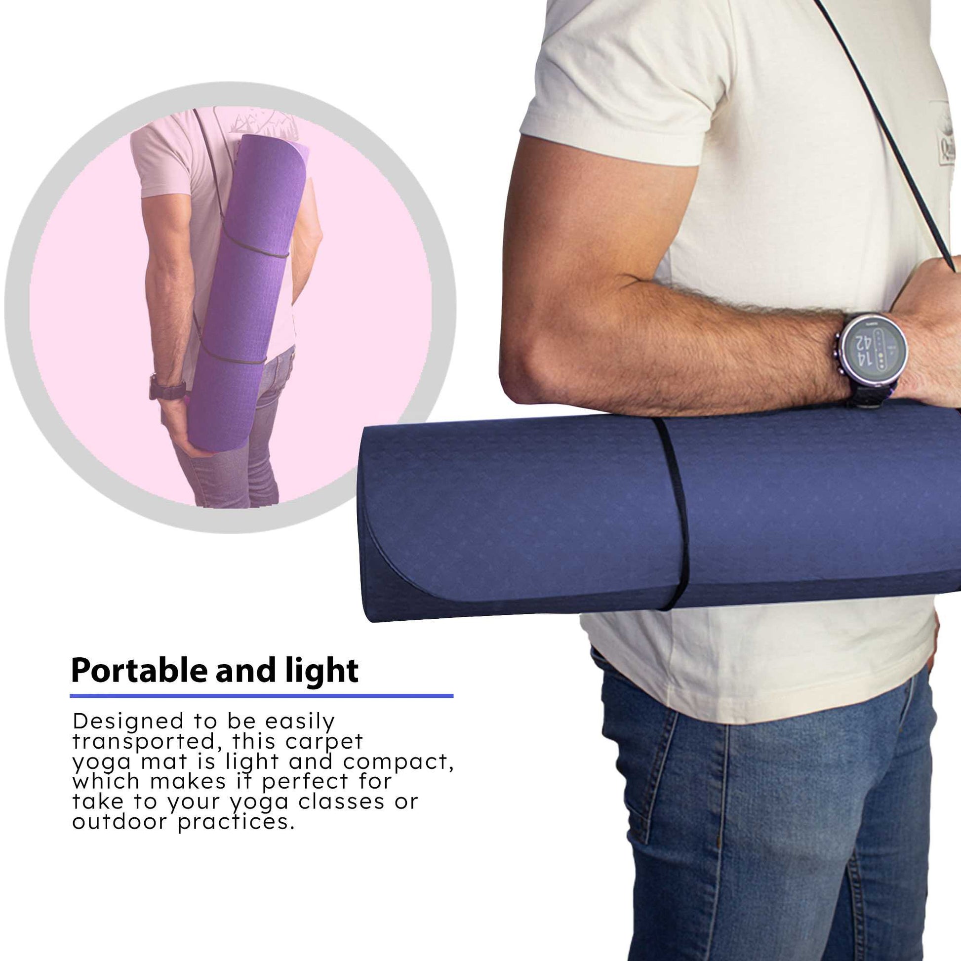 Esterilla Yoga antideslizante con Correa de hombro y Bolsa de Transporte, Pilates, Fitness, Yoga mat, TPE Ecológico + Algodón,  Colchoneta gimnasia, Azul Claro/Oscuro, 183cm X 61cm X 6mm