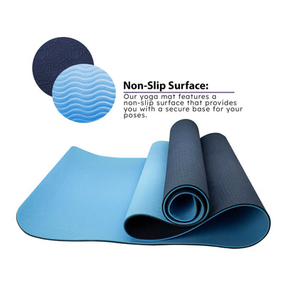 Esterilla Yoga antideslizante con Correa de hombro y Bolsa de Transporte, Pilates, Fitness, Yoga mat, TPE Ecológico + Algodón,  Colchoneta gimnasia, Azul Claro/Oscuro, 183cm X 61cm X 6mm