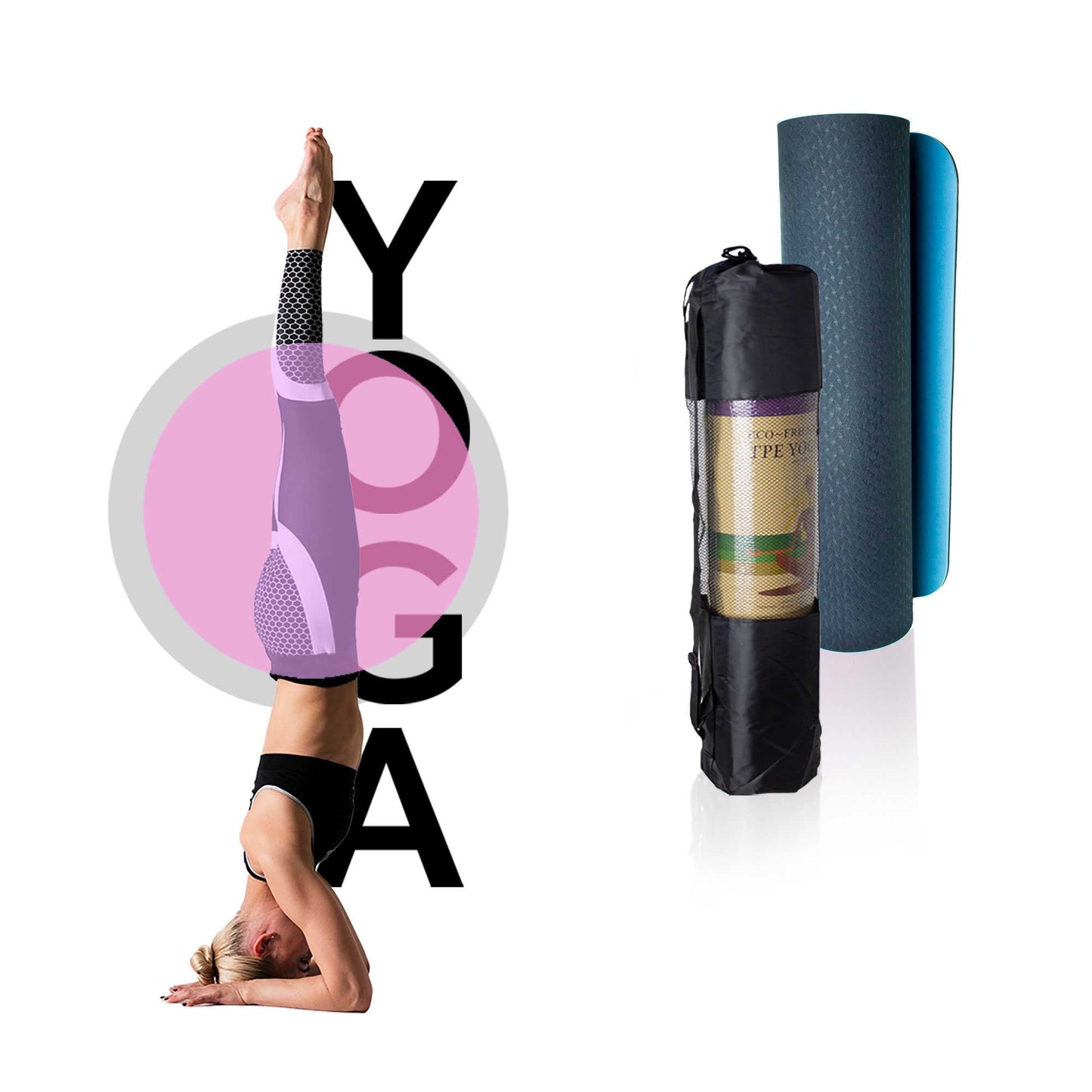 Esterilla Yoga antideslizante con Correa de hombro y Bolsa de Transporte, Pilates, Fitness, Yoga mat, TPE Ecológico + Algodón,  Colchoneta gimnasia, Azul Claro/Oscuro, 183cm X 61cm X 6mm