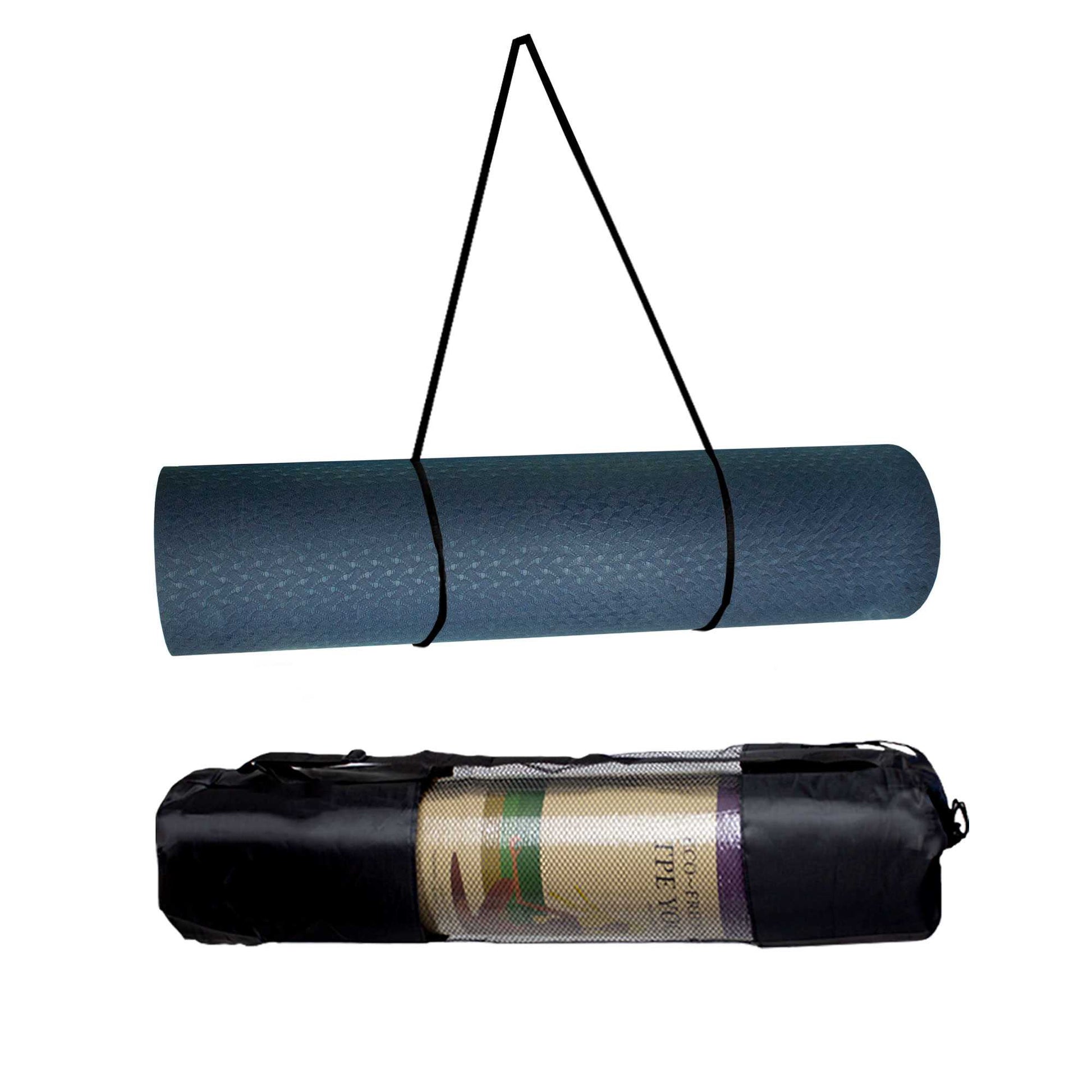 Esterilla Yoga antideslizante con Correa de hombro y Bolsa de Transporte, Pilates, Fitness, Yoga mat, TPE Ecológico + Algodón,  Colchoneta gimnasia, Azul Claro/Oscuro, 183cm X 61cm X 6mm