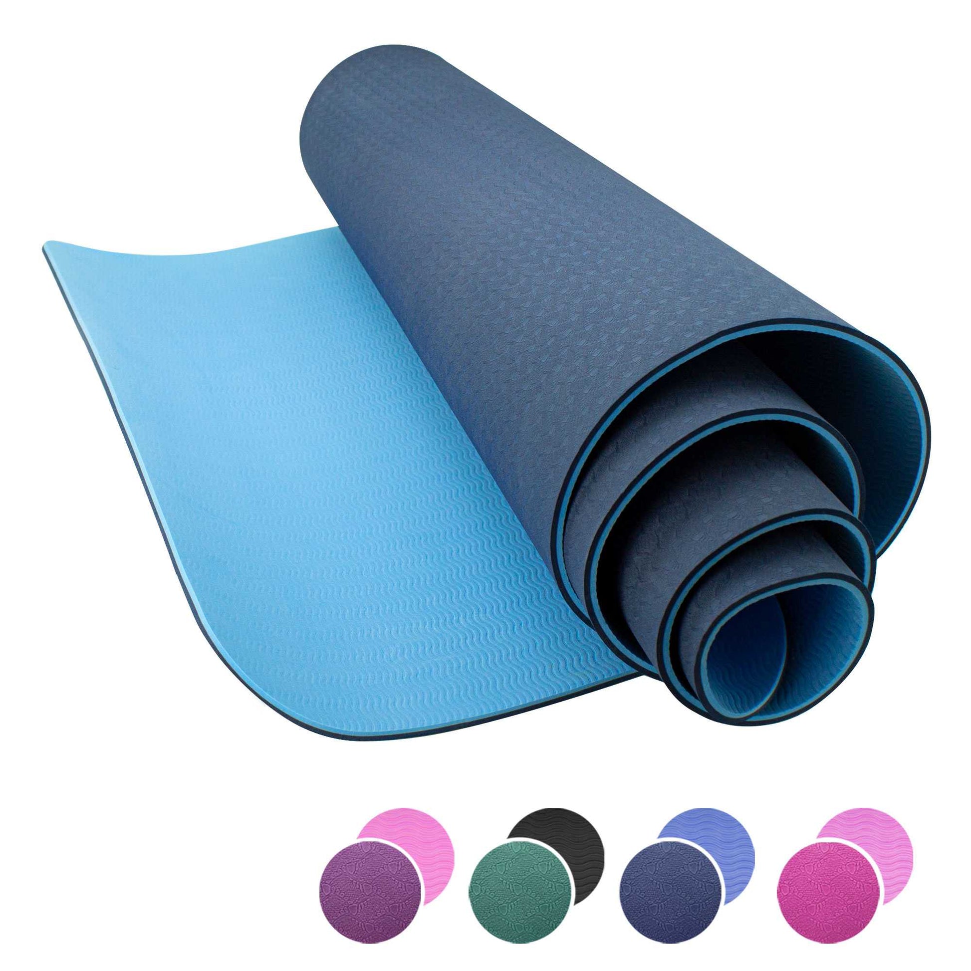 Esterilla Yoga antideslizante con Correa de hombro y Bolsa de Transporte, Pilates, Fitness, Yoga mat, TPE Ecológico + Algodón,  Colchoneta gimnasia, Azul Claro/Oscuro, 183cm X 61cm X 6mm