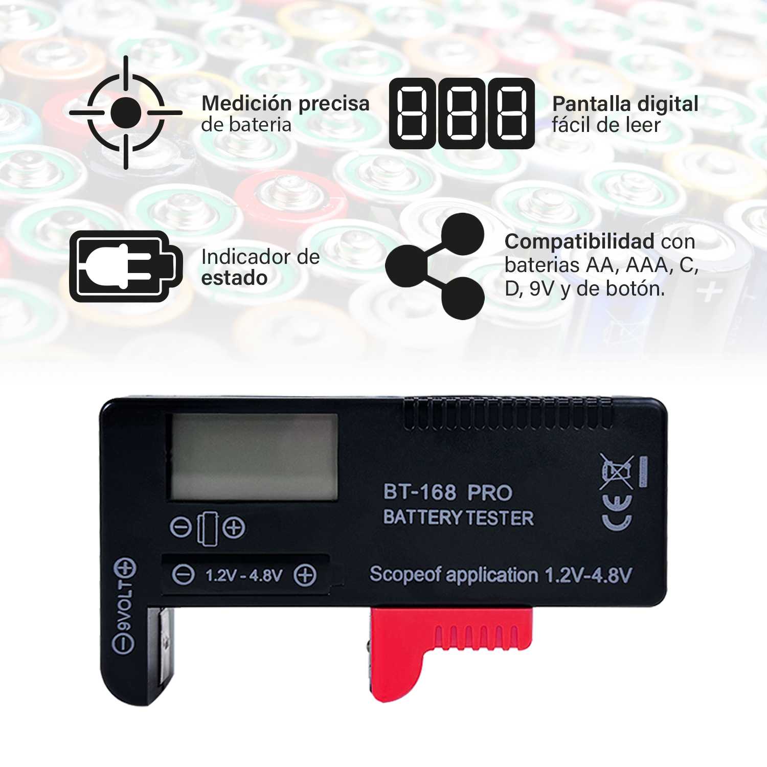Probador Digital de Baterías BT-168 PRO, Comprobador de Pilas AAA C D 9V 1.5V 18650 14500, Baterías de litio