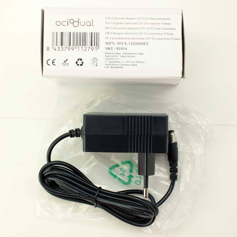 Adaptador de Corriente 12V 2A Conector DC 5.5mm, Fuente de Alimentación jack de conexión 5,5mm Exterior y 2,5mm Interno, Input 100-240V~50/60Hz 0.8A Max, Output 12V~2.0A