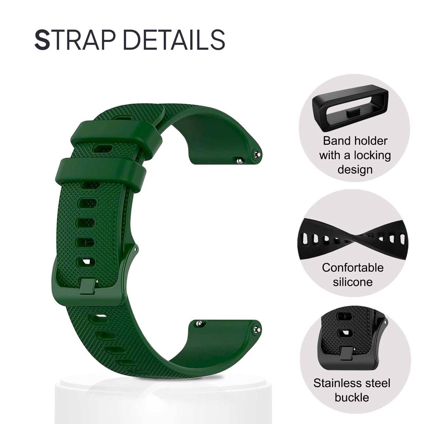 Correa Reloj de Silicona Color Verde Militar de 20mm, Repuesto para Reloj Inteligente y Tradicional Universal, Liberación