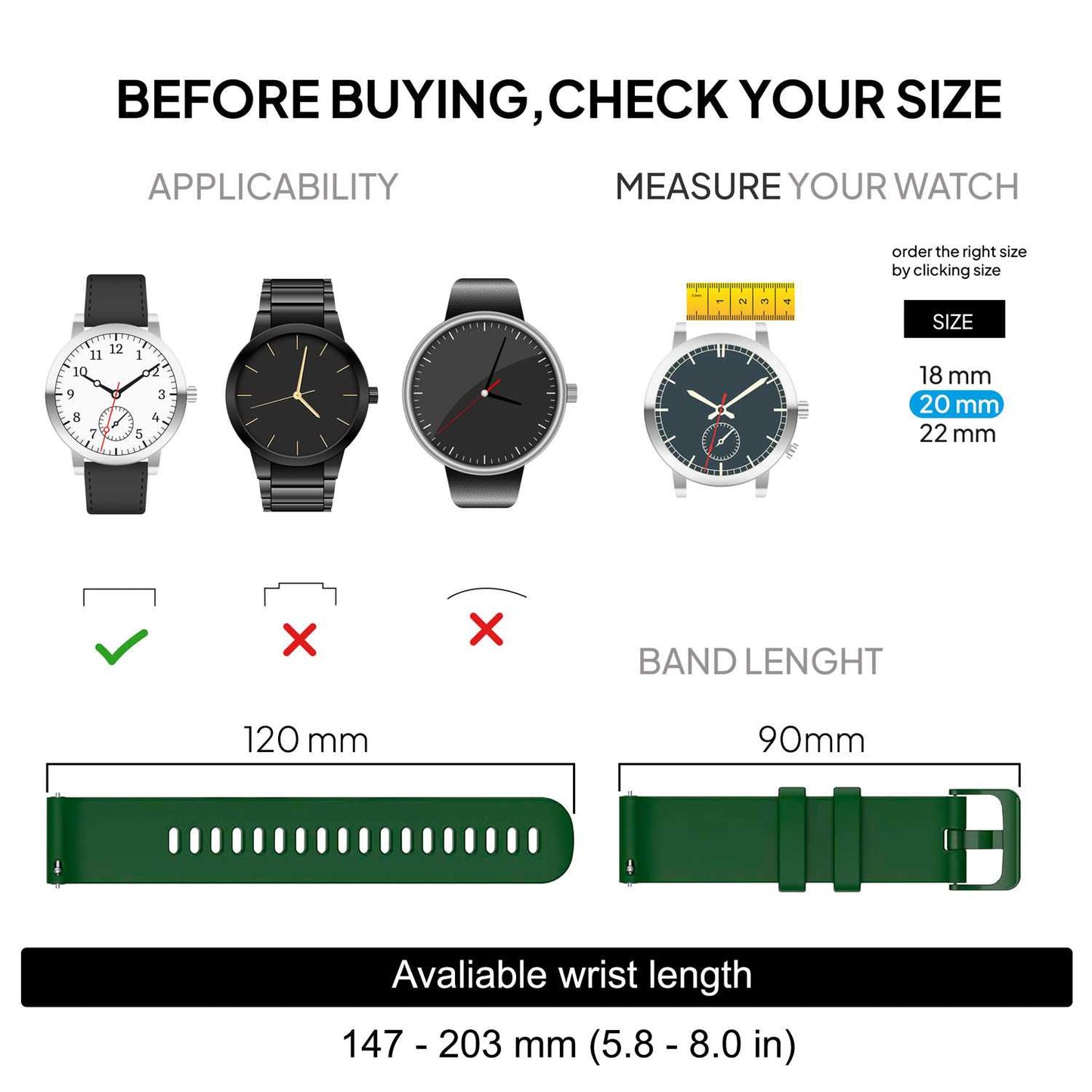 Correa Reloj de Silicona Color Verde Militar de 20mm, Repuesto para Reloj Inteligente y Tradicional Universal, Liberación