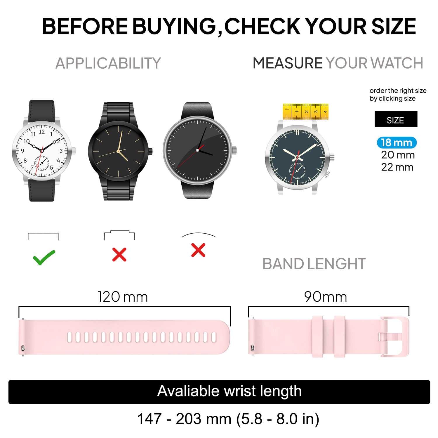 Correa Reloj de Silicona Color Rosa de 18mm, Repuesto para Reloj Inteligente y Tradicional Universal, Liberación