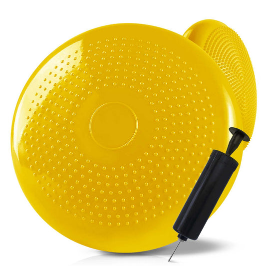 Cojín Hinchable Amarillo Disco con Bomba Goma PVC para Fitness Yoga Pilates Coordinación Rehabilitación Equilibrio