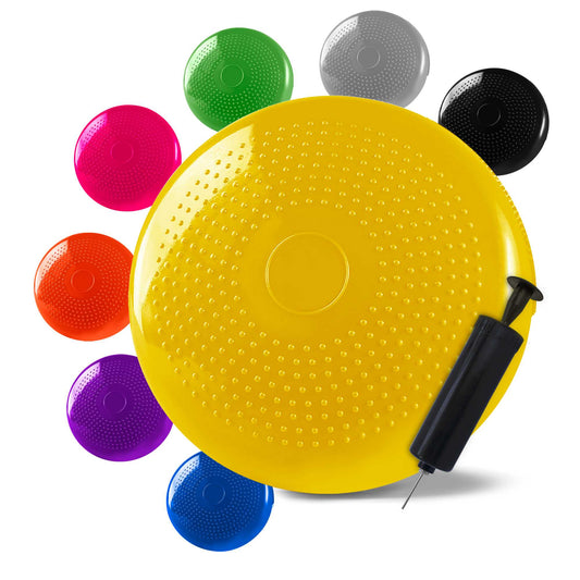 Cojín Hinchable Amarillo Disco con Bomba Goma PVC para Fitness Yoga Pilates Coordinación Rehabilitación Equilibrio