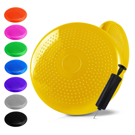 Cojín Hinchable Amarillo Disco con Bomba Goma PVC para Fitness Yoga Pilates Coordinación Rehabilitación Equilibrio