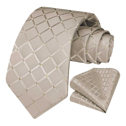 Corbata para Hombre, Conjunto de Corbata y Pañuelo de bolsillo, a Cuadros, Color Plata, Hecha a mano, Elegante