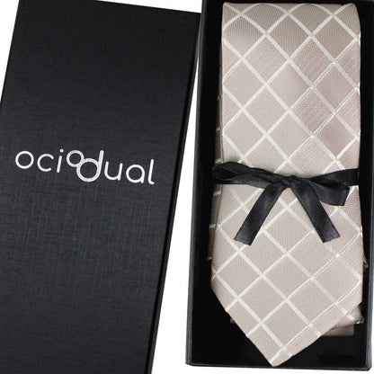 Corbata para Hombre, Conjunto de Corbata y Pañuelo de bolsillo, a Cuadros, Color Plata, Hecha a mano, Elegante