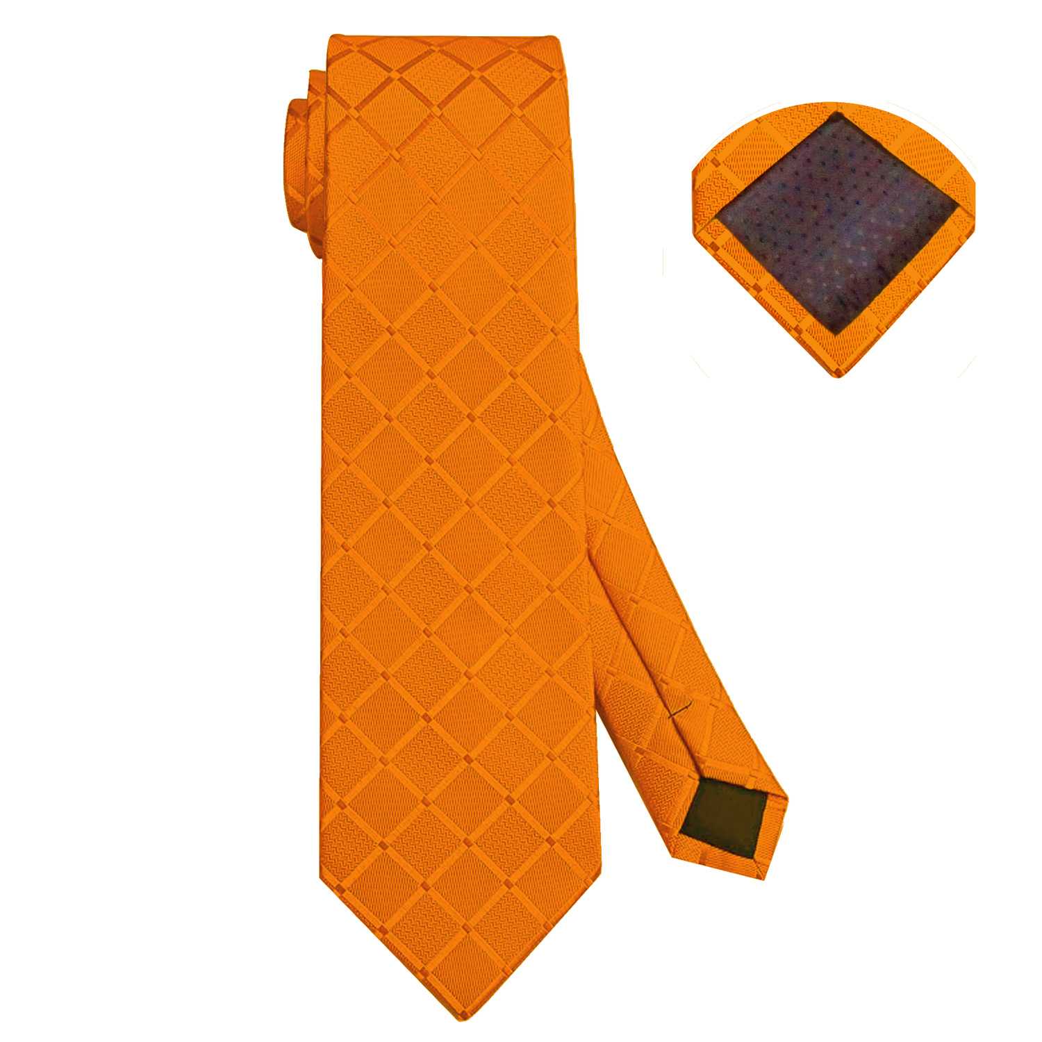 Corbata para Hombre, Conjunto de Corbata y Pañuelo de bolsillo, a Cuadros, Color Naranja, Hecha a mano, Elegante