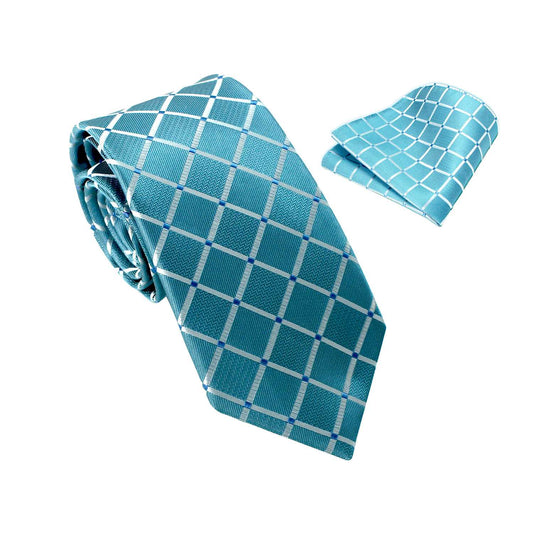Corbata para Hombre, Conjunto de Corbata y Pañuelo de bolsillo, a Cuadros, Color Azul Claro, Hecha a mano, Elegante