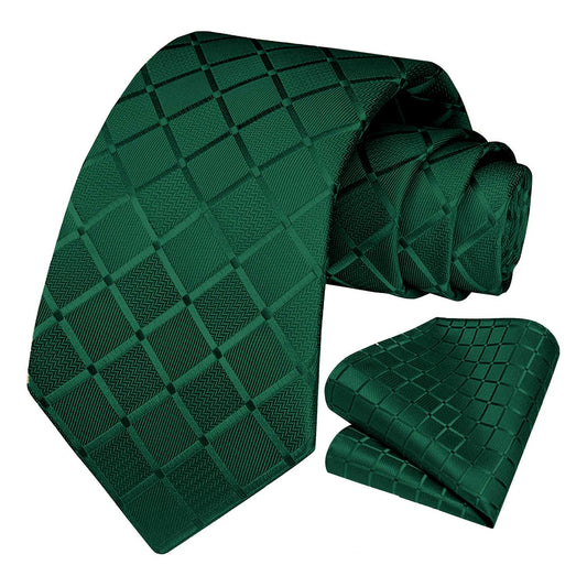 Corbata para Hombre, Conjunto de Corbata y Pañuelo de bolsillo, a Cuadros, Color Verde Oscuro, Hecha a mano, Elegante