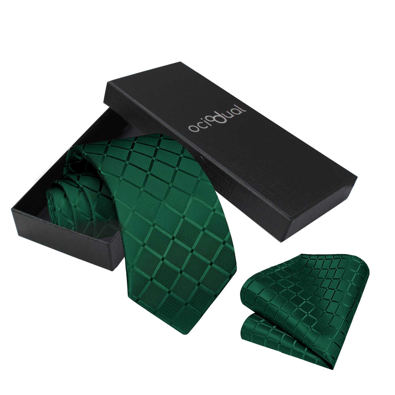 Corbata para Hombre, Conjunto de Corbata y Pañuelo de bolsillo, a Cuadros, Color Verde Oscuro, Hecha a mano, Elegante