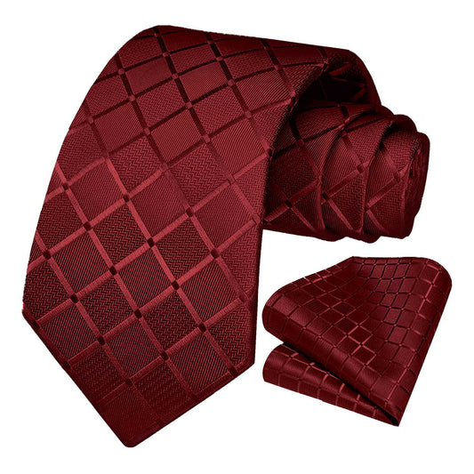 Corbata para Hombre, Conjunto de Corbata y Pañuelo de bolsillo, a Cuadros, Color Burdeos, Hecha a mano, Elegante