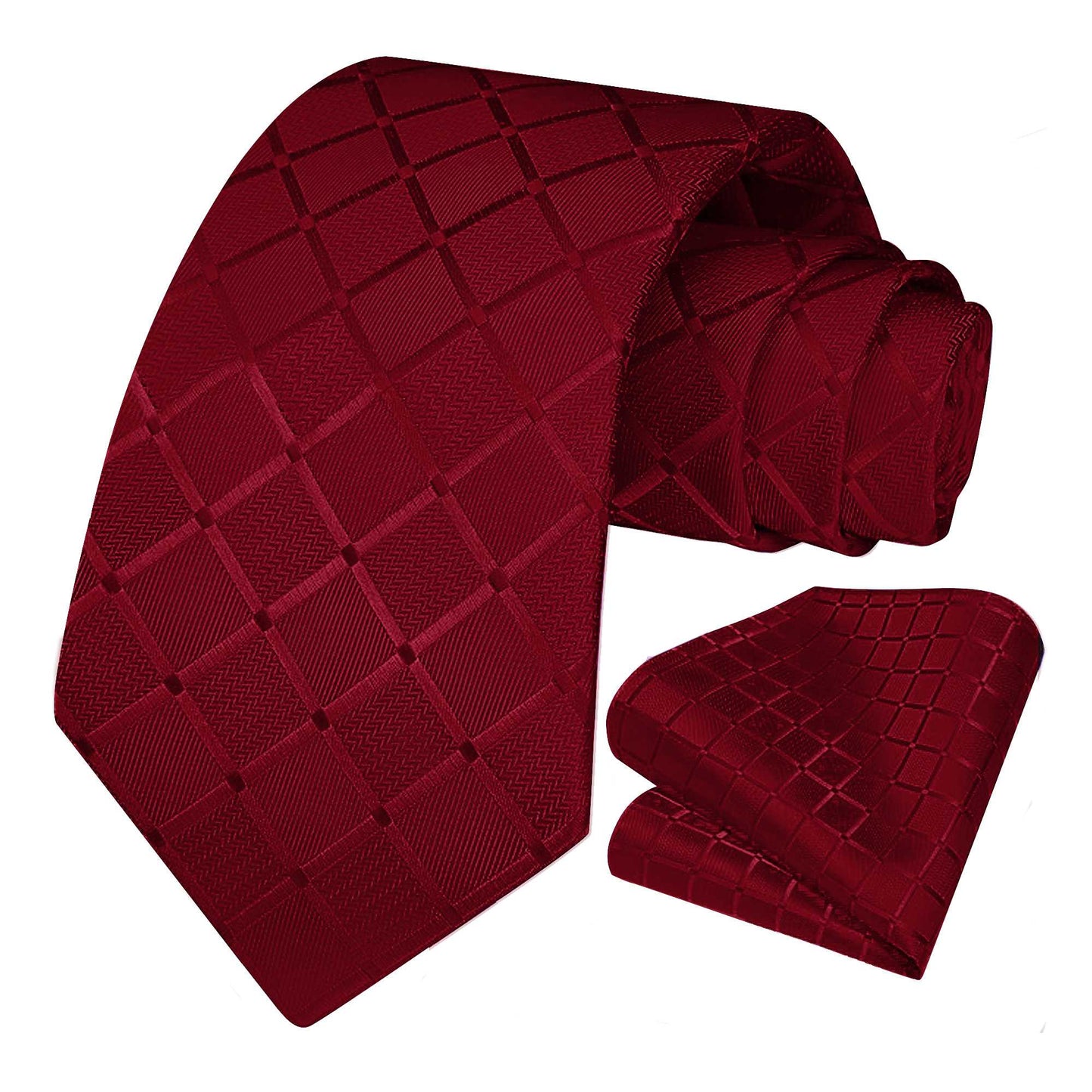 Corbata para Hombre, Conjunto de Corbata y Pañuelo de bolsillo, a Cuadros, Color Burdeos, Hecha a mano, Elegante