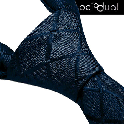 Corbata para Hombre, Conjunto de Corbata y Pañuelo de bolsillo, a Cuadros, Color Azul Oscuro, Hecha a mano, Elegante