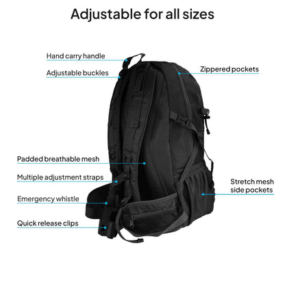 Mochila Impermeable 60 Litros Toda Negra Multiples Bolsillos de Senderismo Acampada Montaña para Hombres Mujeres