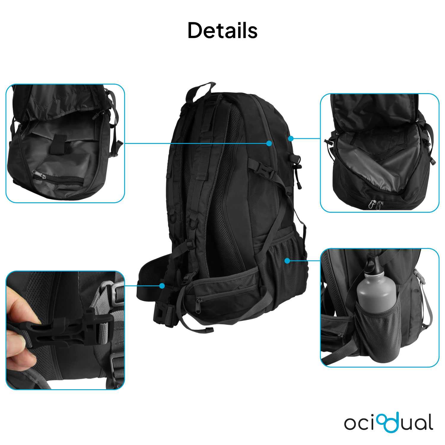 Mochila Impermeable 60 Litros Toda Negra Multiples Bolsillos de Senderismo Acampada Montaña para Hombres Mujeres