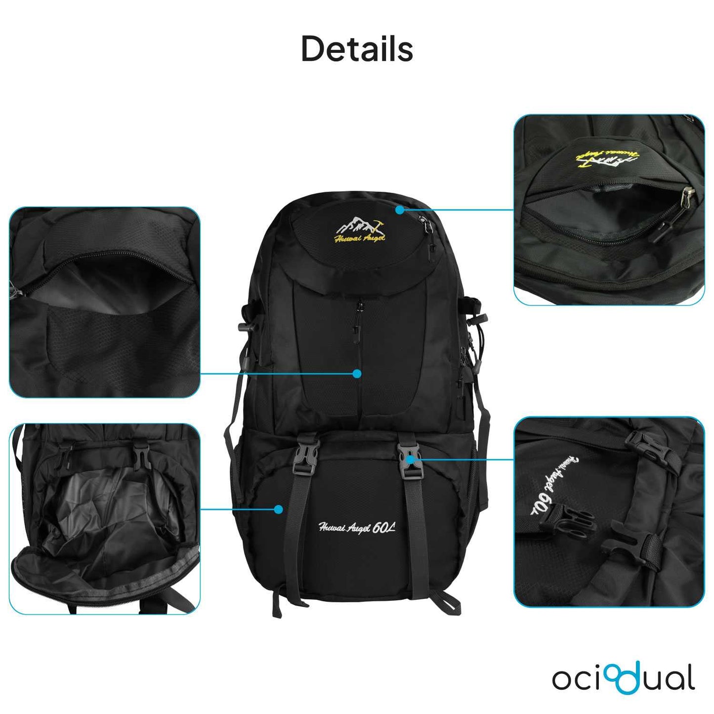 Mochila Impermeable 60 Litros Toda Negra Multiples Bolsillos de Senderismo Acampada Montaña para Hombres Mujeres